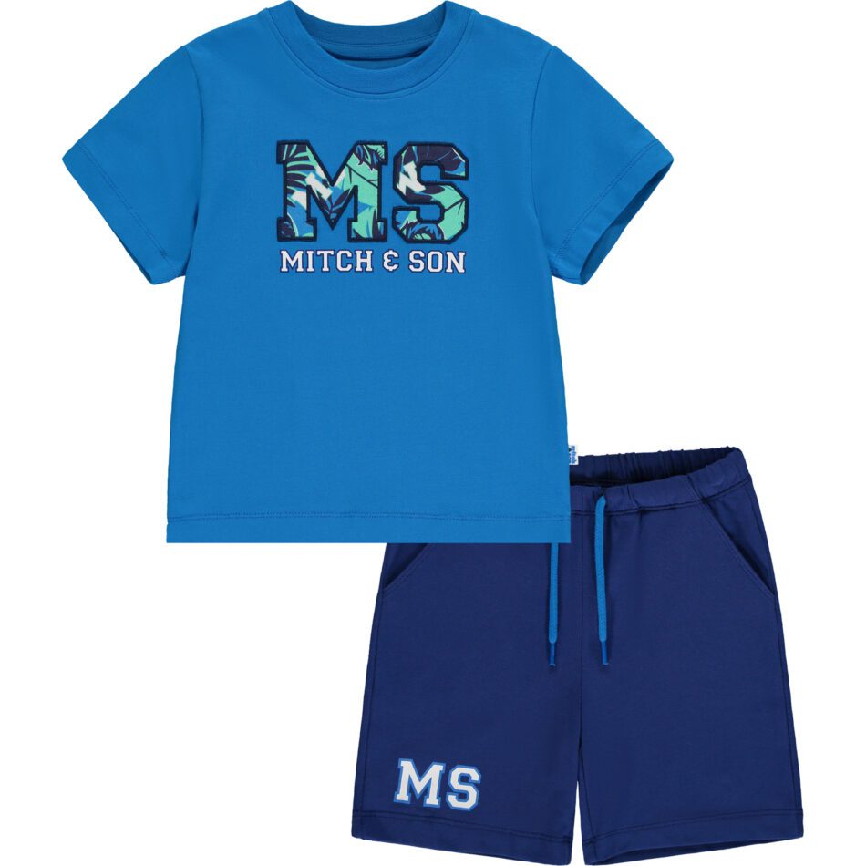 Mitch&Son Kian blauw setje korte broek en t-shirt met logo
