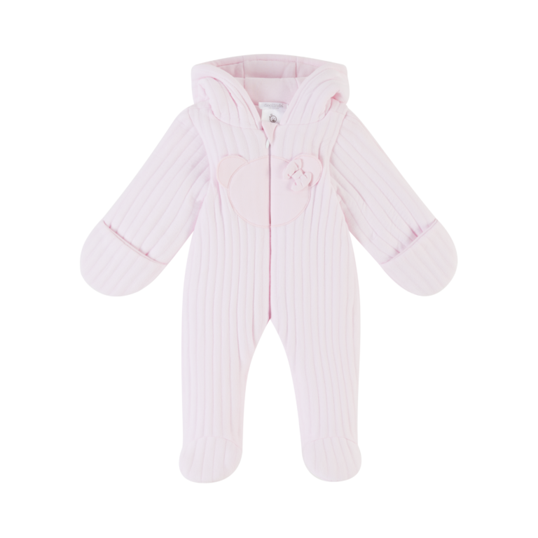 Deolinda snowsuit baby roze met beeropdruk, strik en details