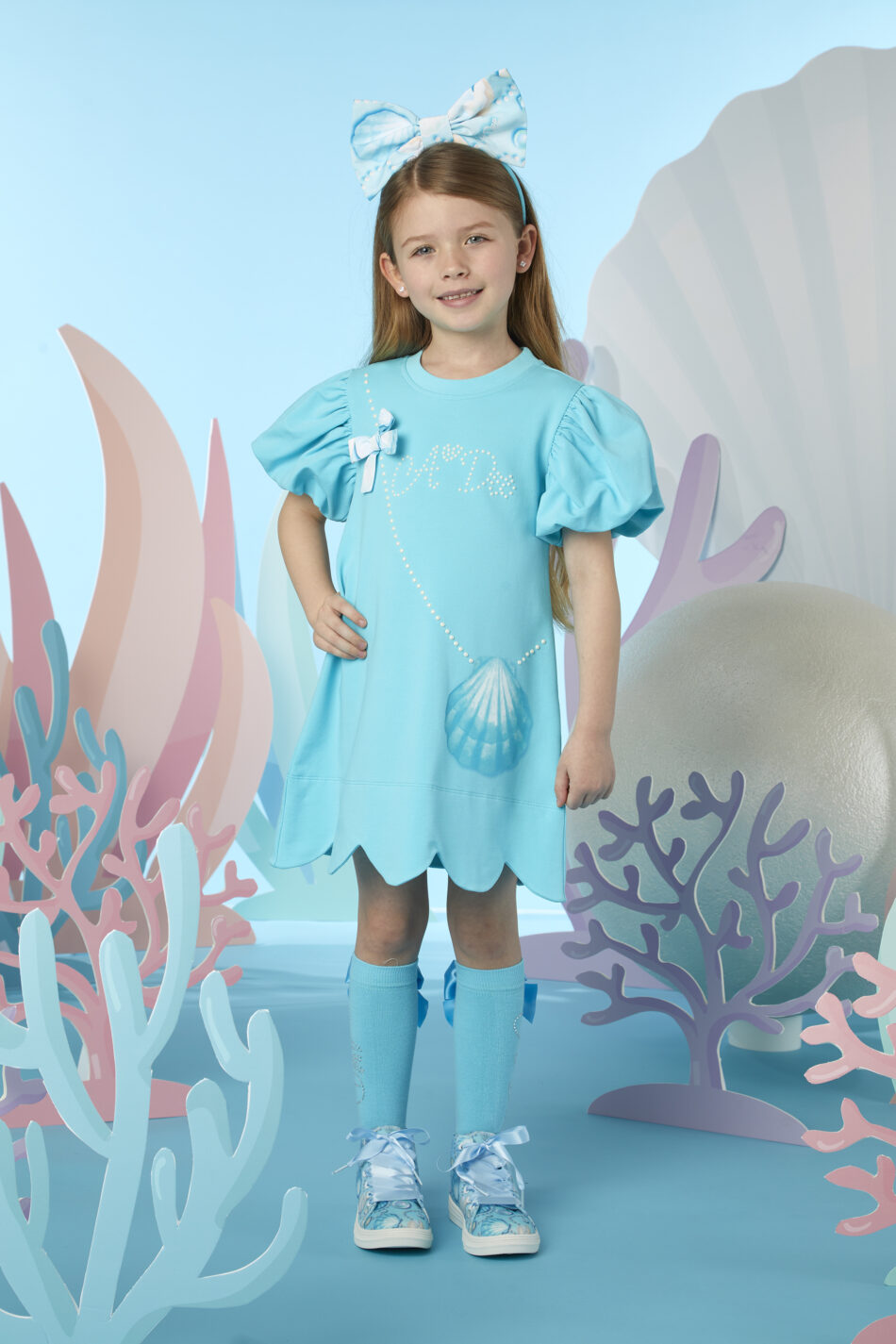 A'dee Olympia blauwe jurk met schelp print model 1