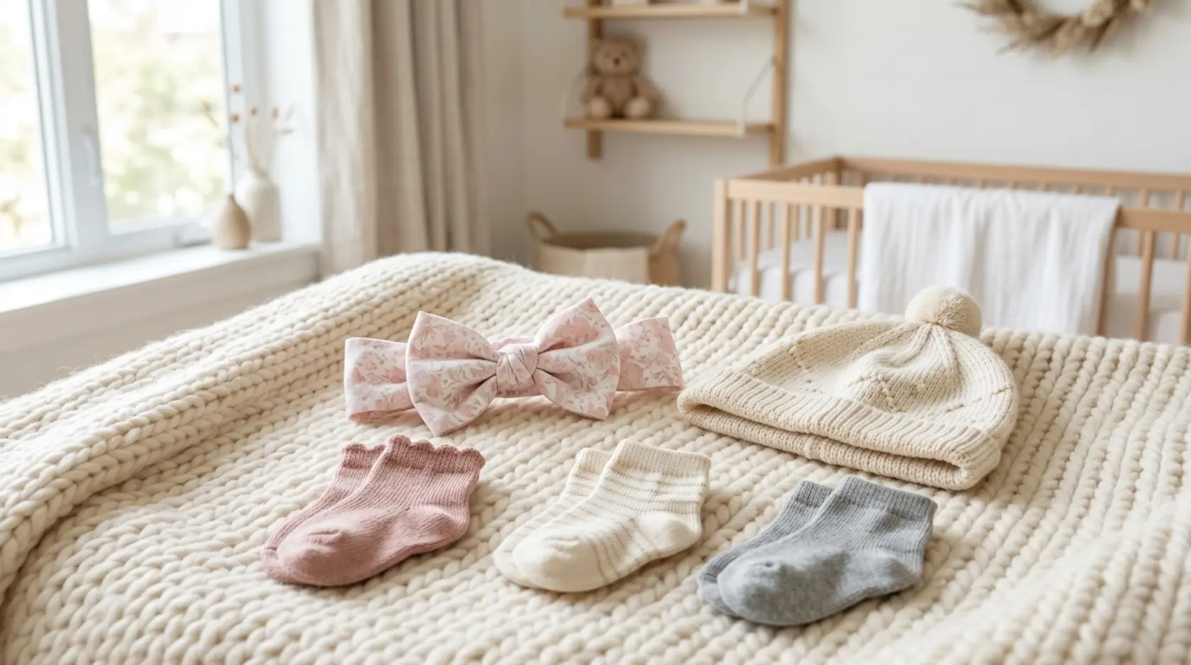 Een stijlvolle verzameling van luxe baby accessoires zoals een haarbandje, mutsje en sokjes.