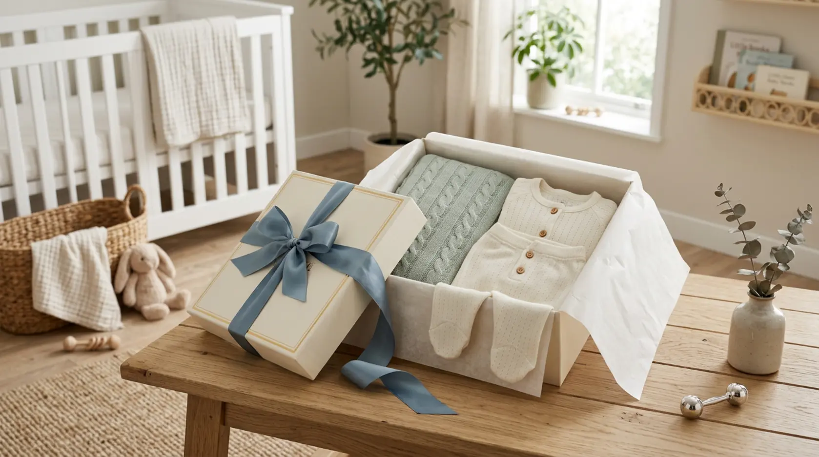 Een prachtig ingepakt luxe kraamcadeau met exclusieve babykleding en een zacht dekentje.