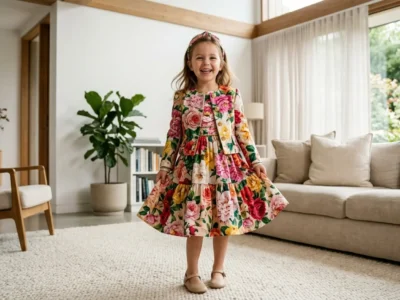 Een lachend meisje in een kleurrijke, luxe outfit uit de collectie A'Dee meisjes kleding.