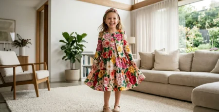 Een lachend meisje in een kleurrijke, luxe outfit uit de collectie A'Dee meisjes kleding.