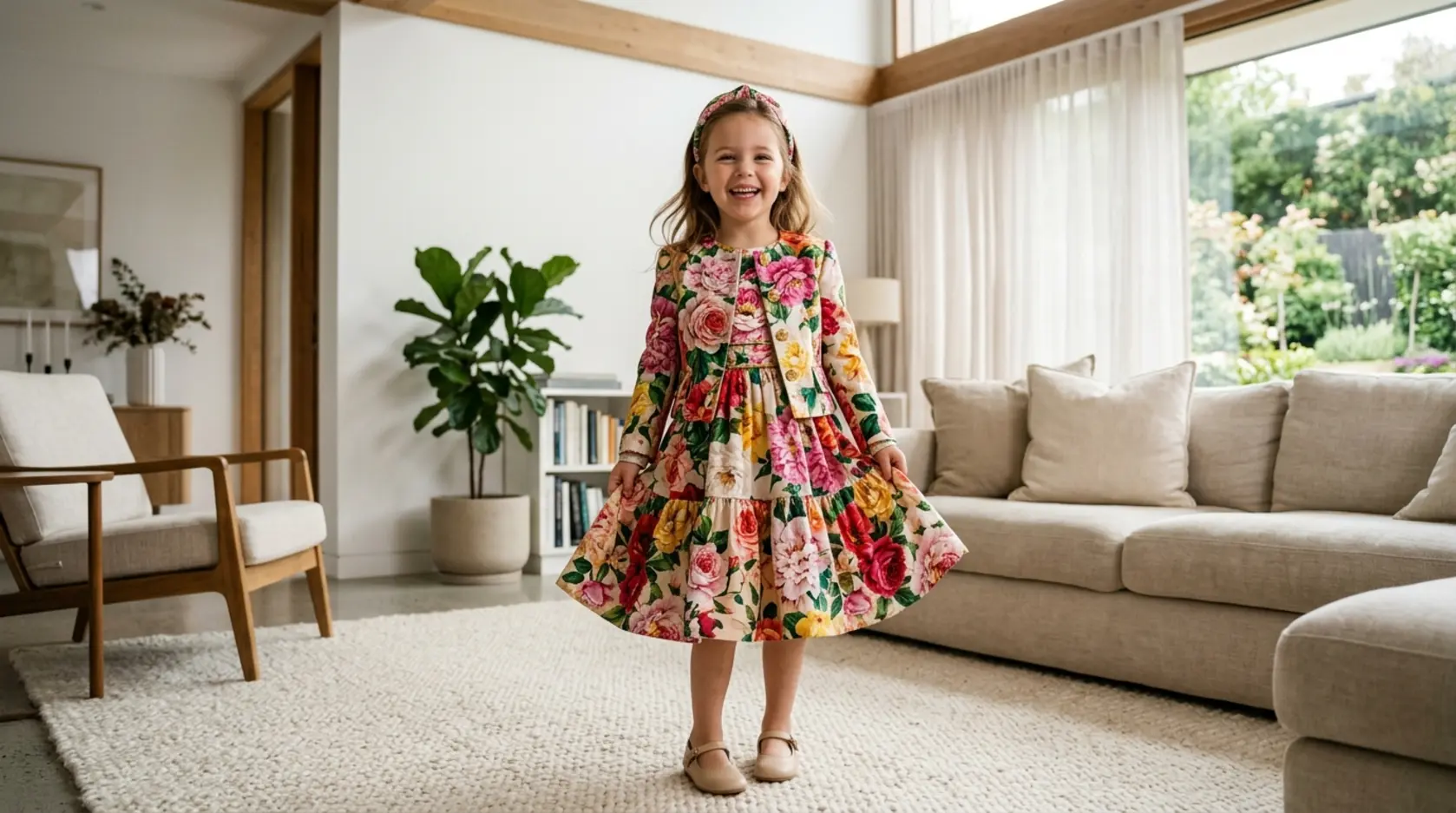 Een lachend meisje in een kleurrijke, luxe outfit uit de collectie A'Dee meisjes kleding.