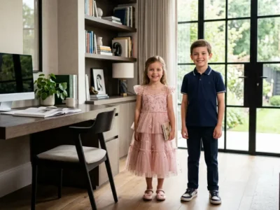 Twee lachende kinderen die prachtige kwalitatieve outfits van exclusieve kinderkleding merken dragen.