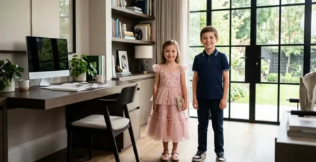 Twee lachende kinderen die prachtige kwalitatieve outfits van exclusieve kinderkleding merken dragen.
