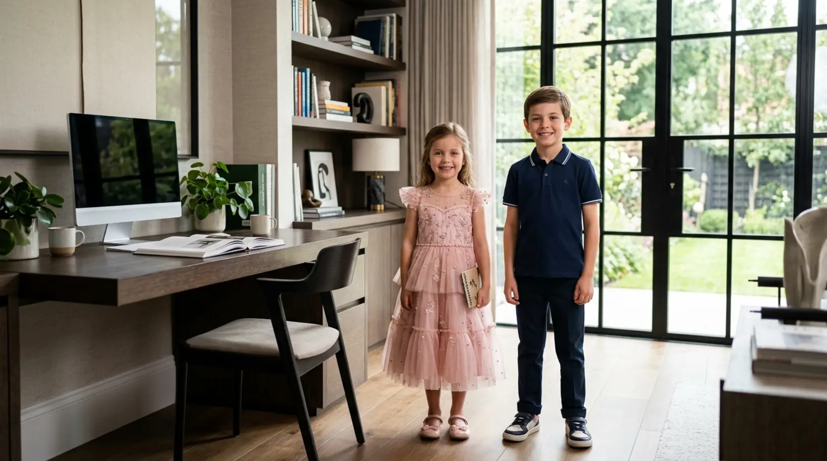 Twee lachende kinderen die prachtige kwalitatieve outfits van exclusieve kinderkleding merken dragen.