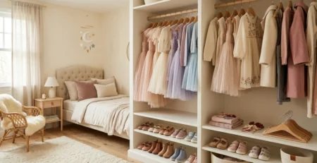 Een prachtige open kledingkast gevuld met luxe en stijlvolle meisjeskleding.