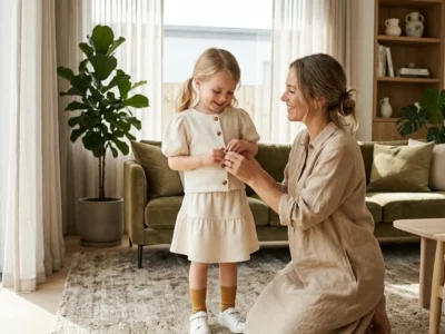 Een ontspannen moeder helpt haar lachende dochter met het aantrekken van een luxe 2-delig kledingsetje voor meisjes.