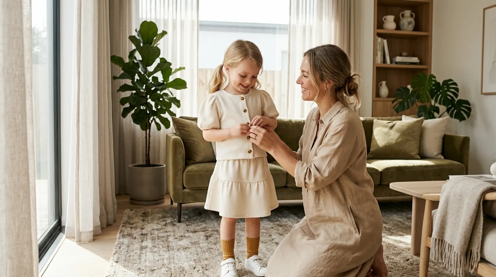 Een ontspannen moeder helpt haar lachende dochter met het aantrekken van een luxe 2-delig kledingsetje voor meisjes.