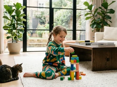 Een blij spelend meisje in een van onze comfortabele leggingsets met opvallende prints.