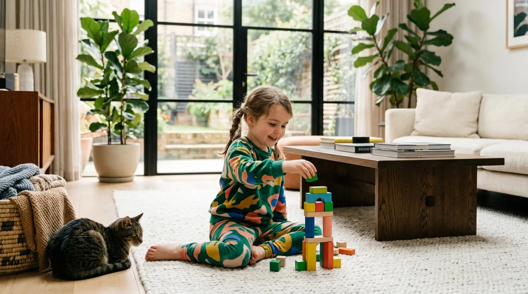 Een blij spelend meisje in een van onze comfortabele leggingsets met opvallende prints.